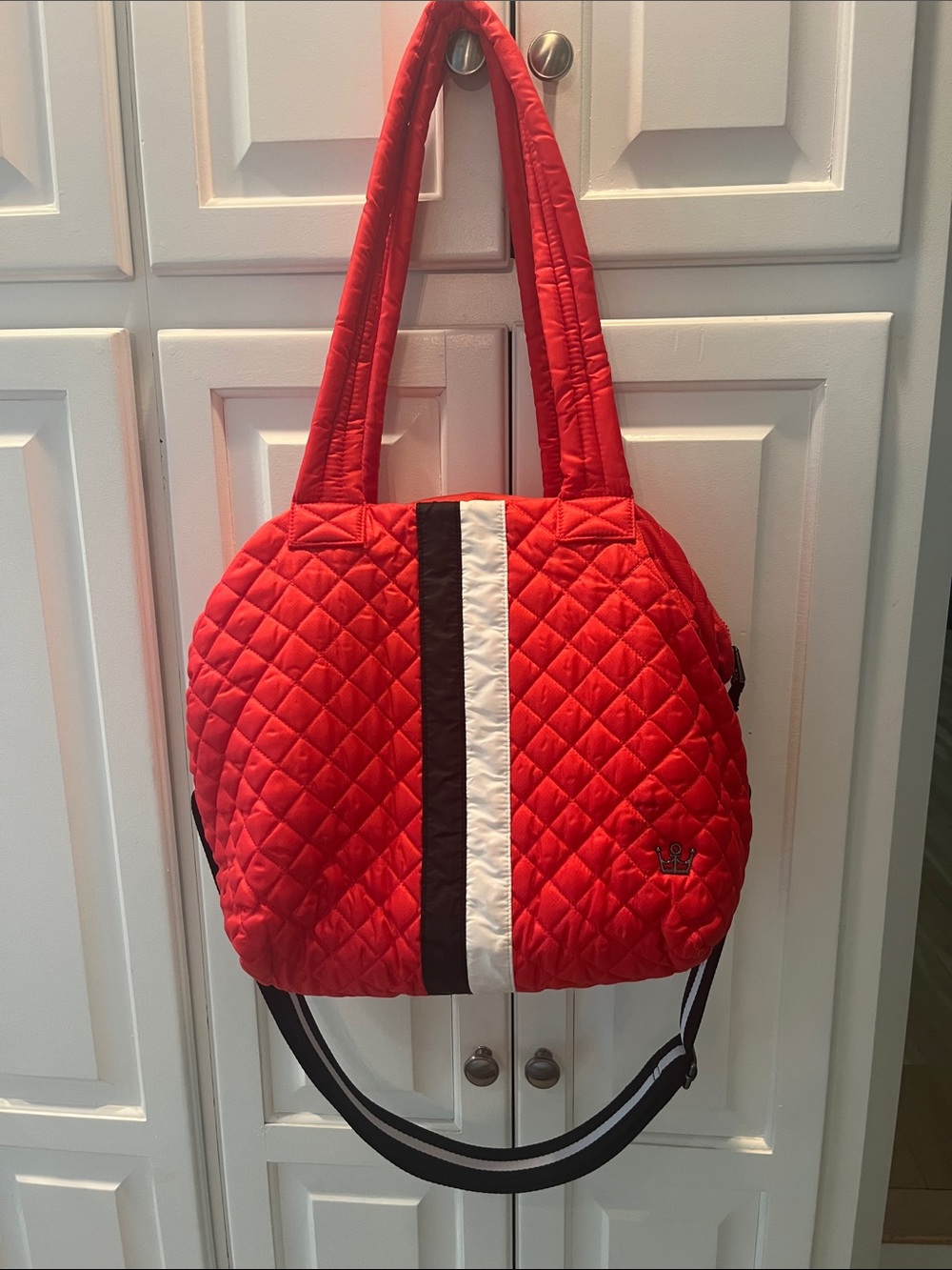 Oliver Thomas Red Quilted Shoulder Tote with Stripe